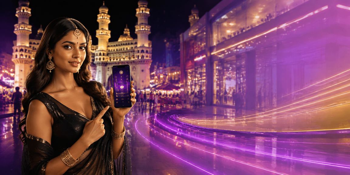 Hyderabad Charminar area with vibrant mobile payment digital activity