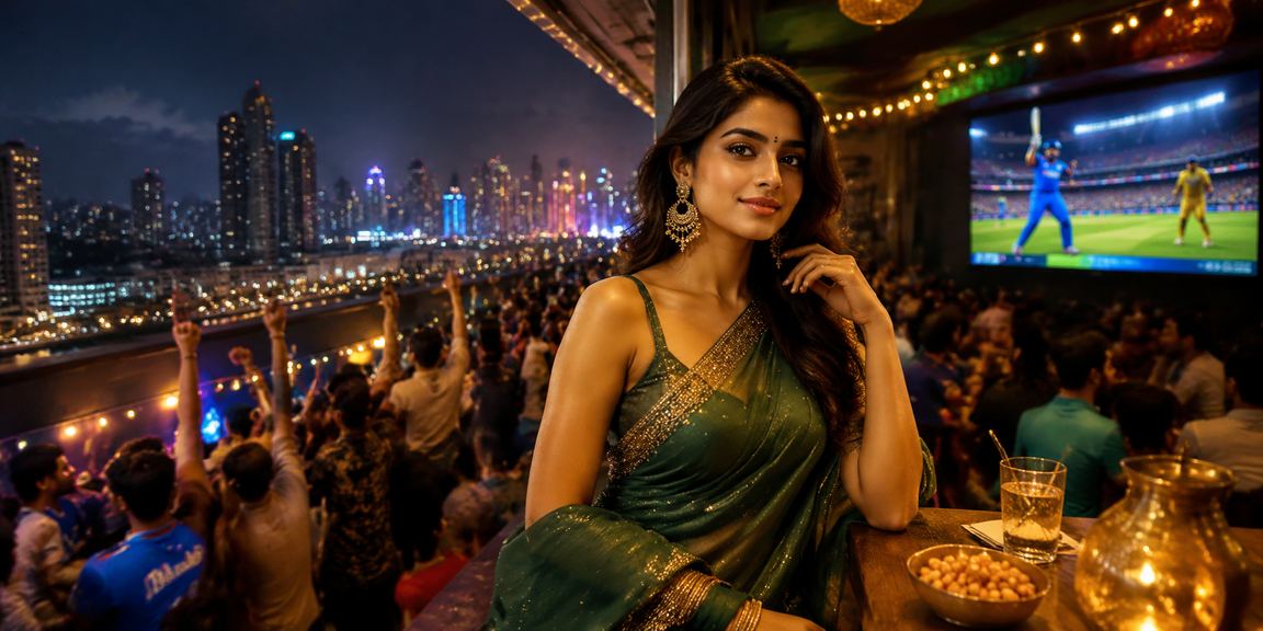 Indian woman wearing traditional saree checking cricket betting app at night